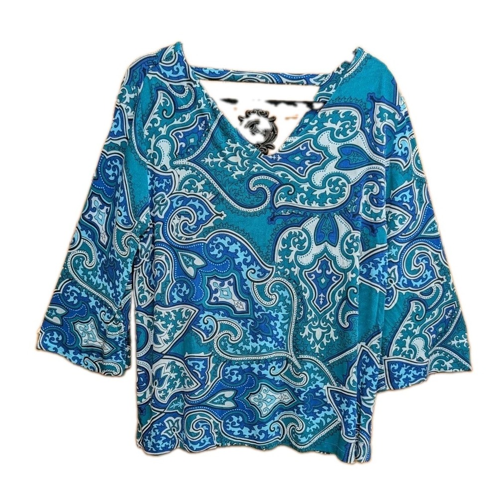 Chicos Travelers Women Top Size 2 P Paisley 3/4 Sleeves Work Wear Blouse Stretch